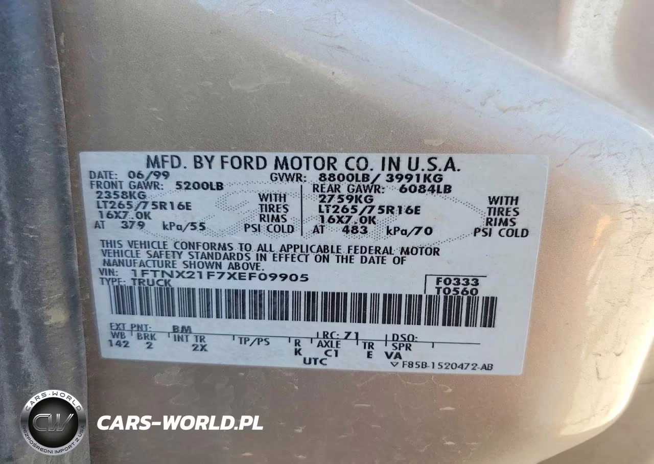 1999 Ford F250 Super Duty VIN:1FTNX21F7XEF09905 - 12