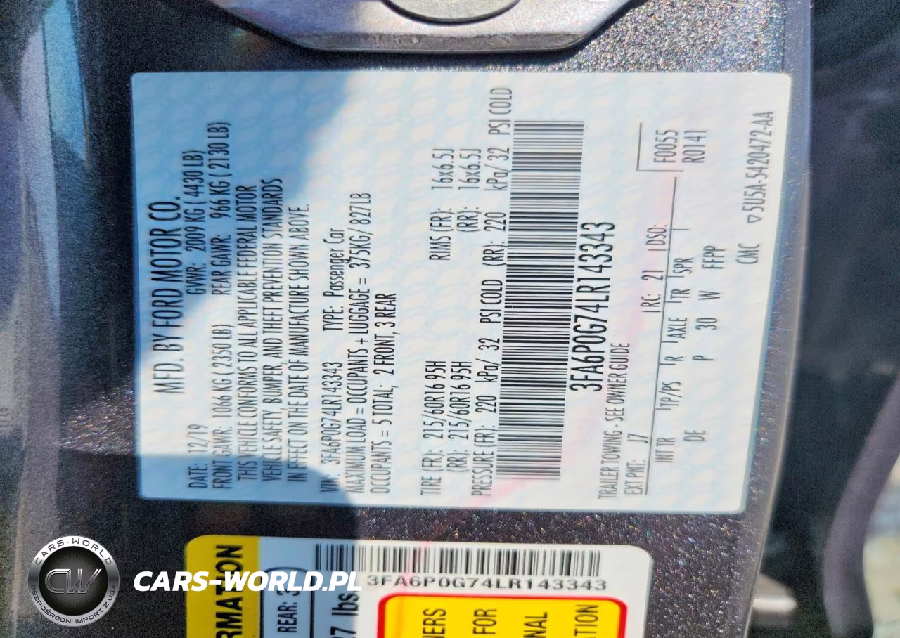 2020 Ford Fusion S VIN:3FA6P0G74LR143343 - 12