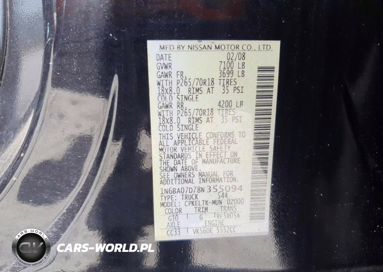 2008 Nissan Titan Xe VIN:1N6BA07D78N355094 - 12
