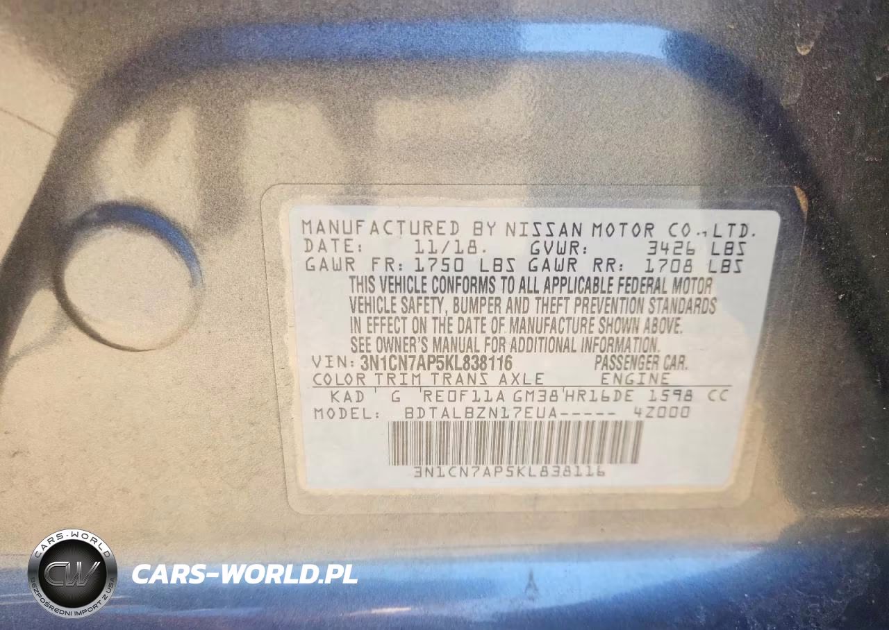 2019 Nissan Versa Sv VIN:3N1CN7AP5KL838116 - 12