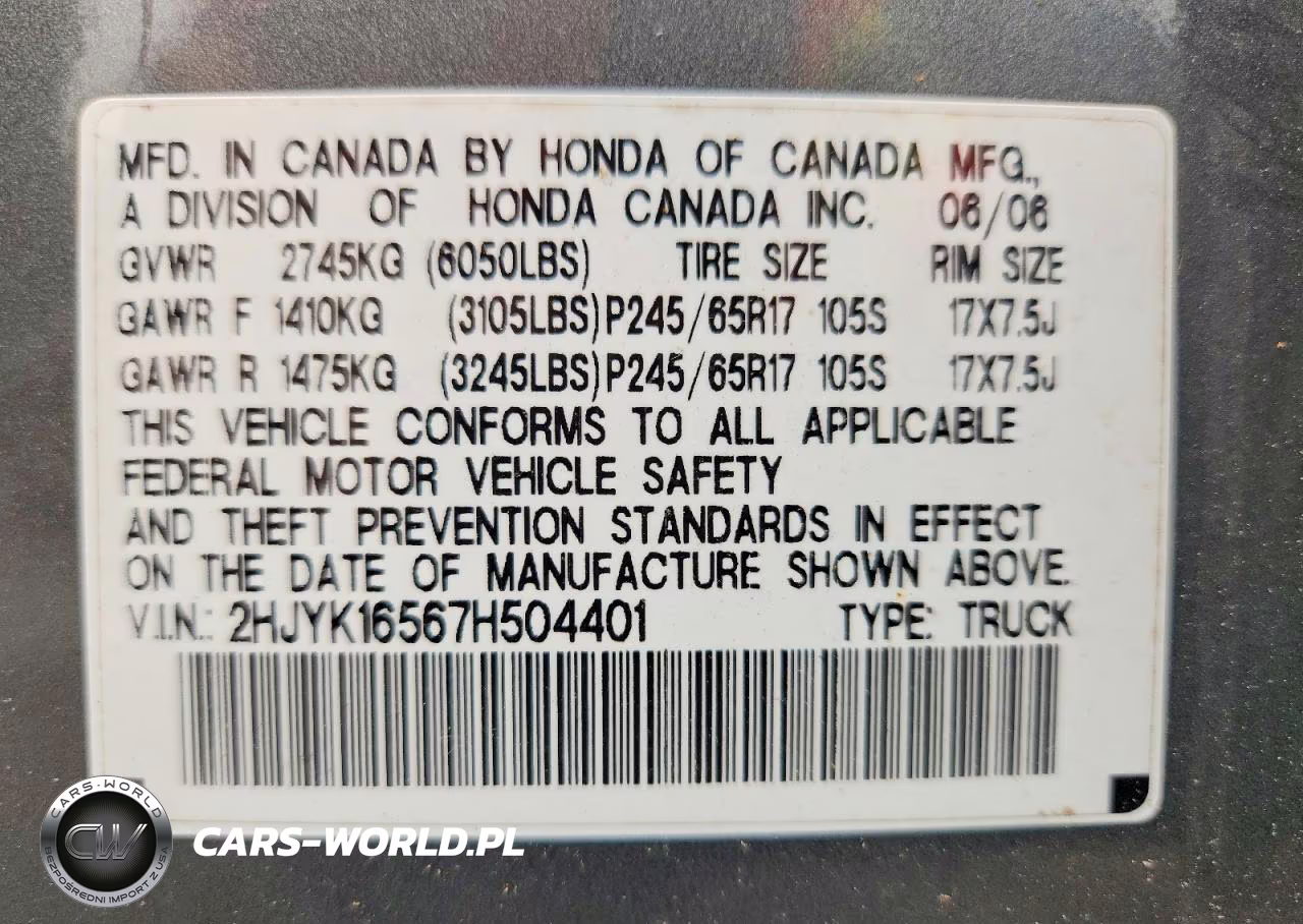 2007 Honda Ridgeline Rtl VIN:2HJYK16567H504401 - 12