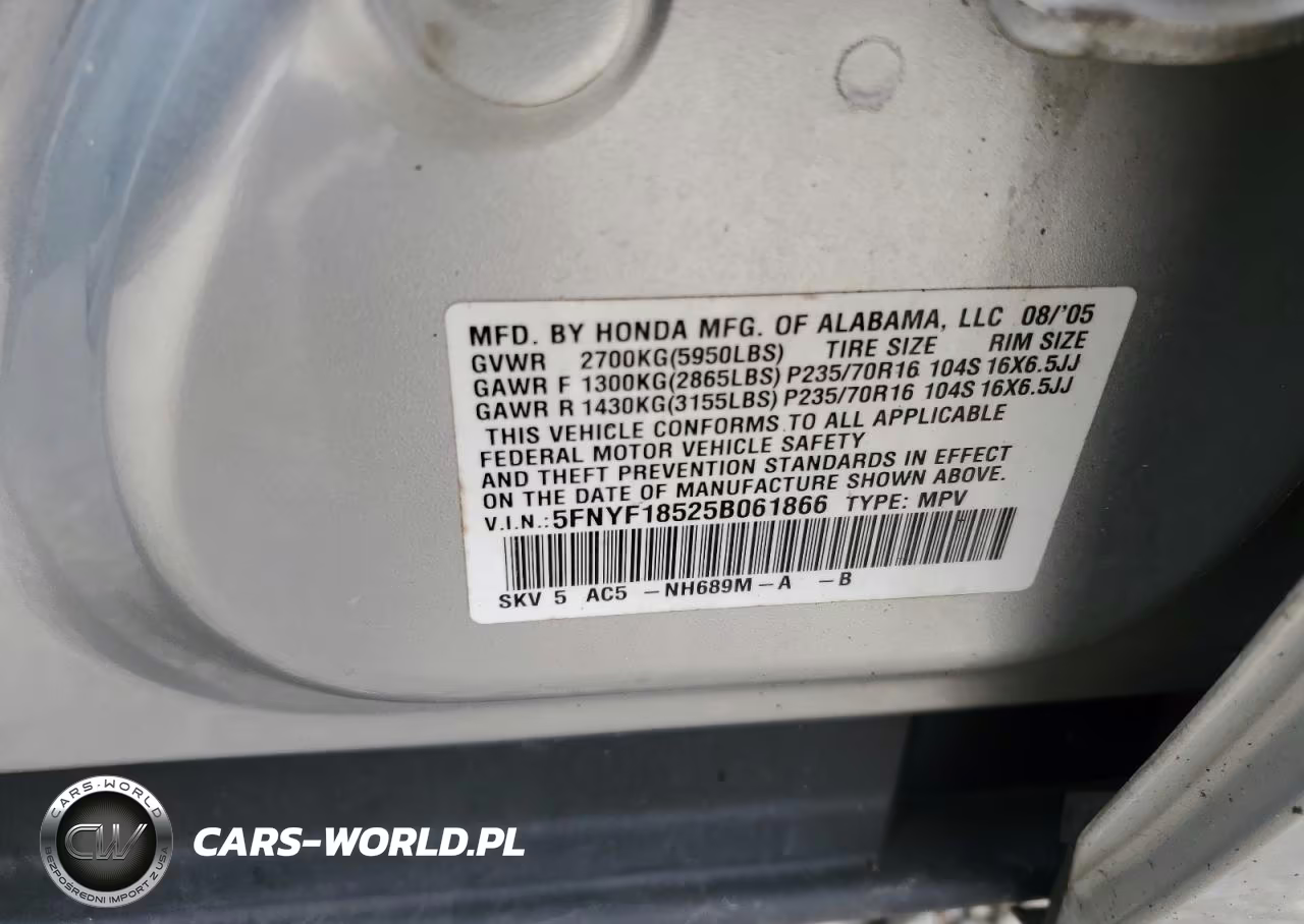 2005 Honda Pilot Exl VIN:5FNYF18525B061866 - 13