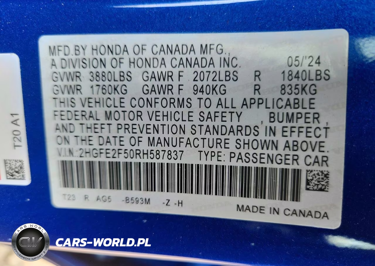2024 Honda Civic Sport VIN:2HGFE2F50RH587837 - 12