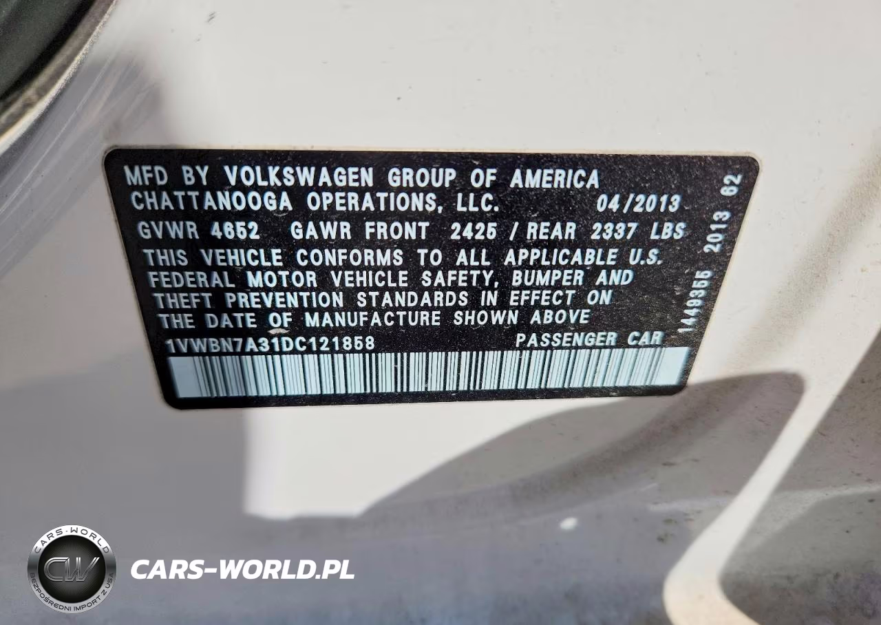 2013 Volkswagen Passat Se VIN:1VWBN7A31DC121858 - 12