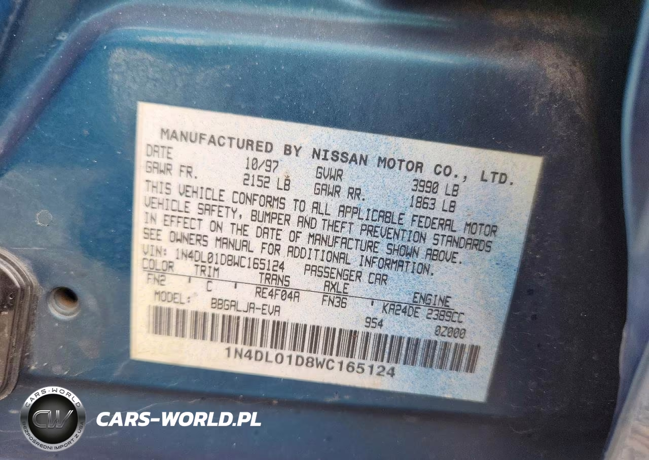 1998 Nissan Altima Xe VIN:1N4DL01D8WC165124 - 12