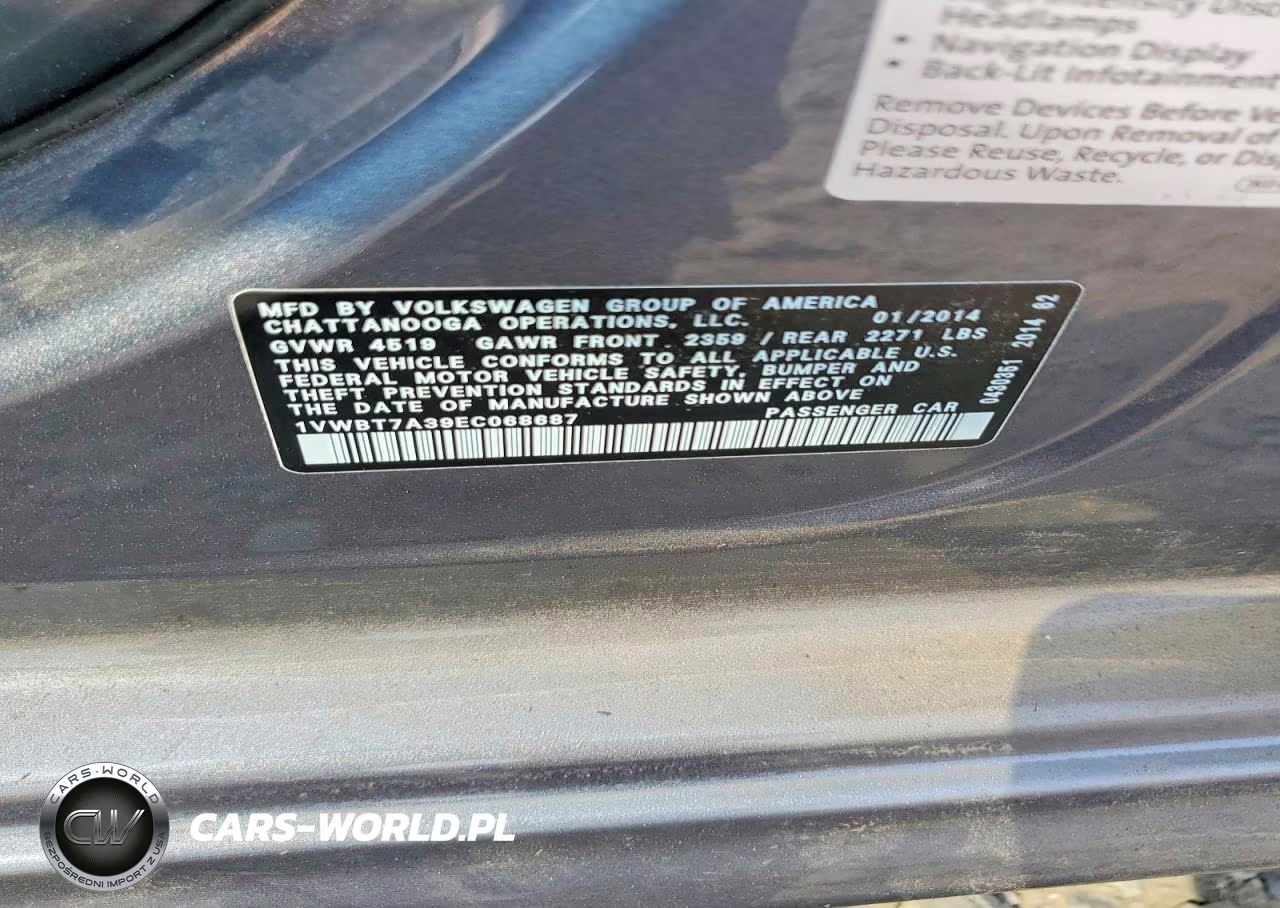 2014 Volkswagen Passat Se VIN:1VWBT7A39EC068687 - 12