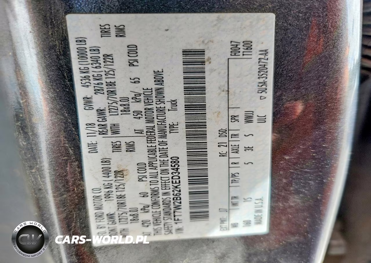 2019 Ford F250 Super Duty VIN:1FT7W2B62KED34580 - 12
