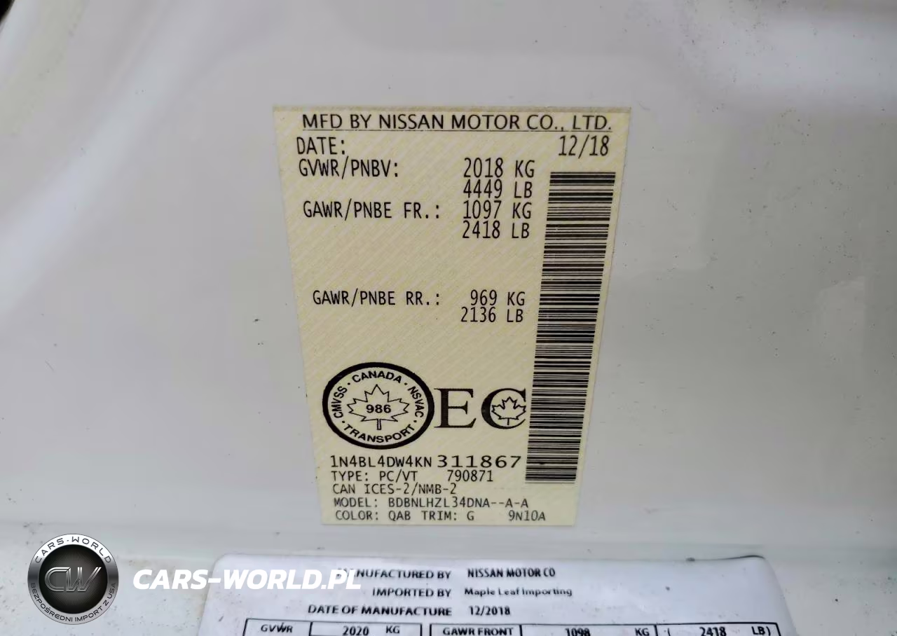 2019 Nissan Altima Sv VIN:1N4BL4DW4KN311867 - 12