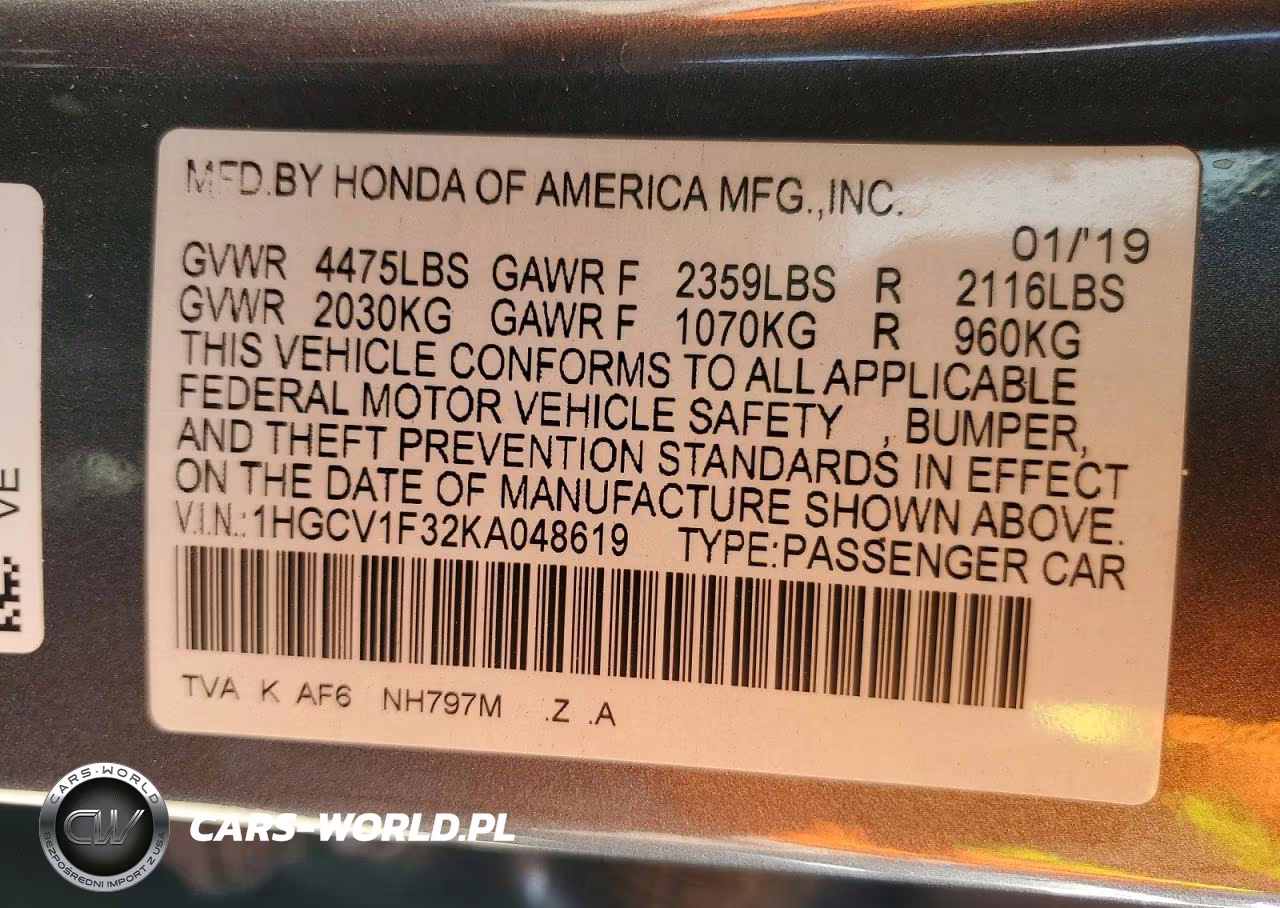 2019 Honda Accord Sport VIN:1HGCV1F32KA048619 - 12