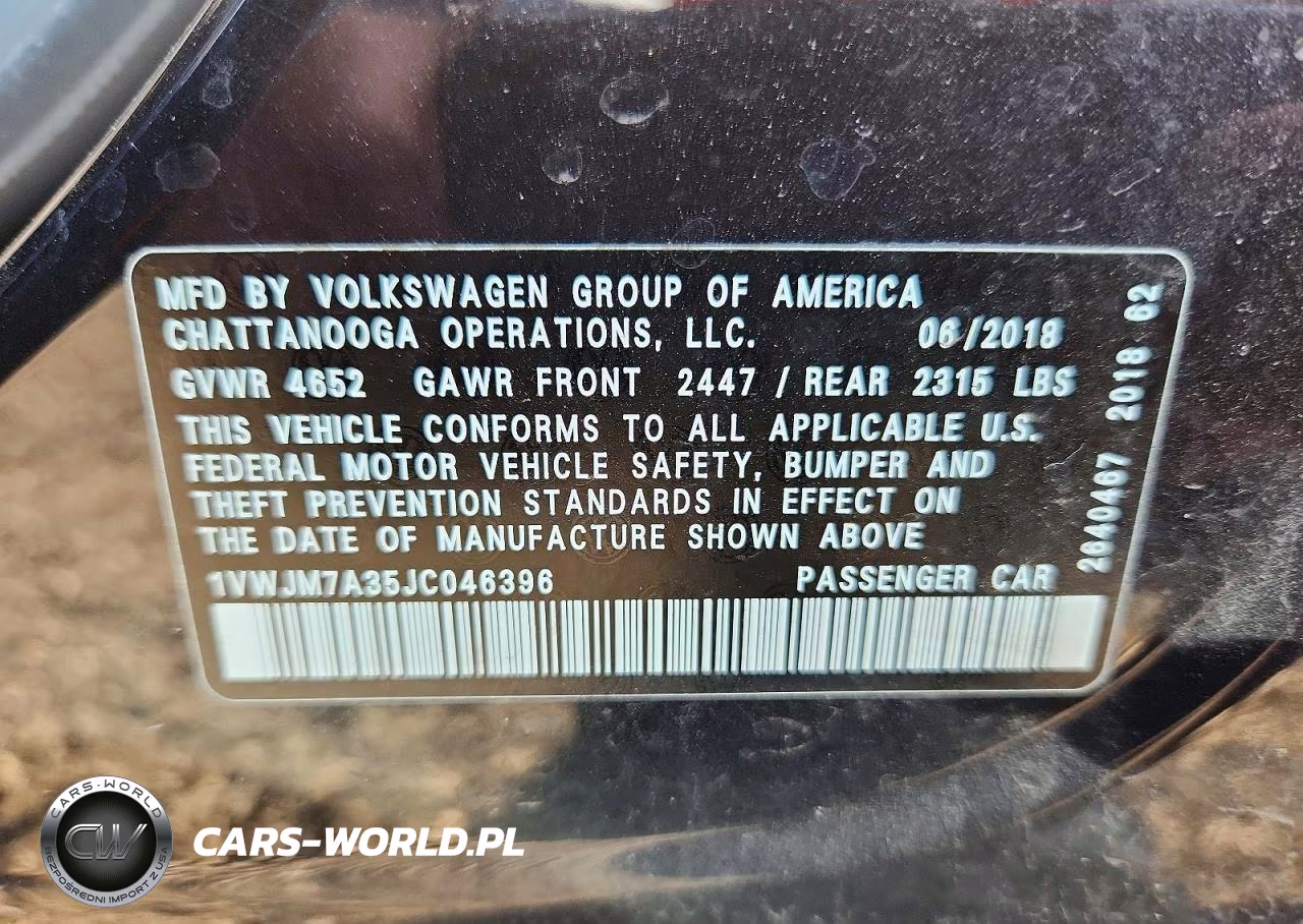 2018 Volkswagen Passat Gt VIN:1VWJM7A35JC046396 - 12