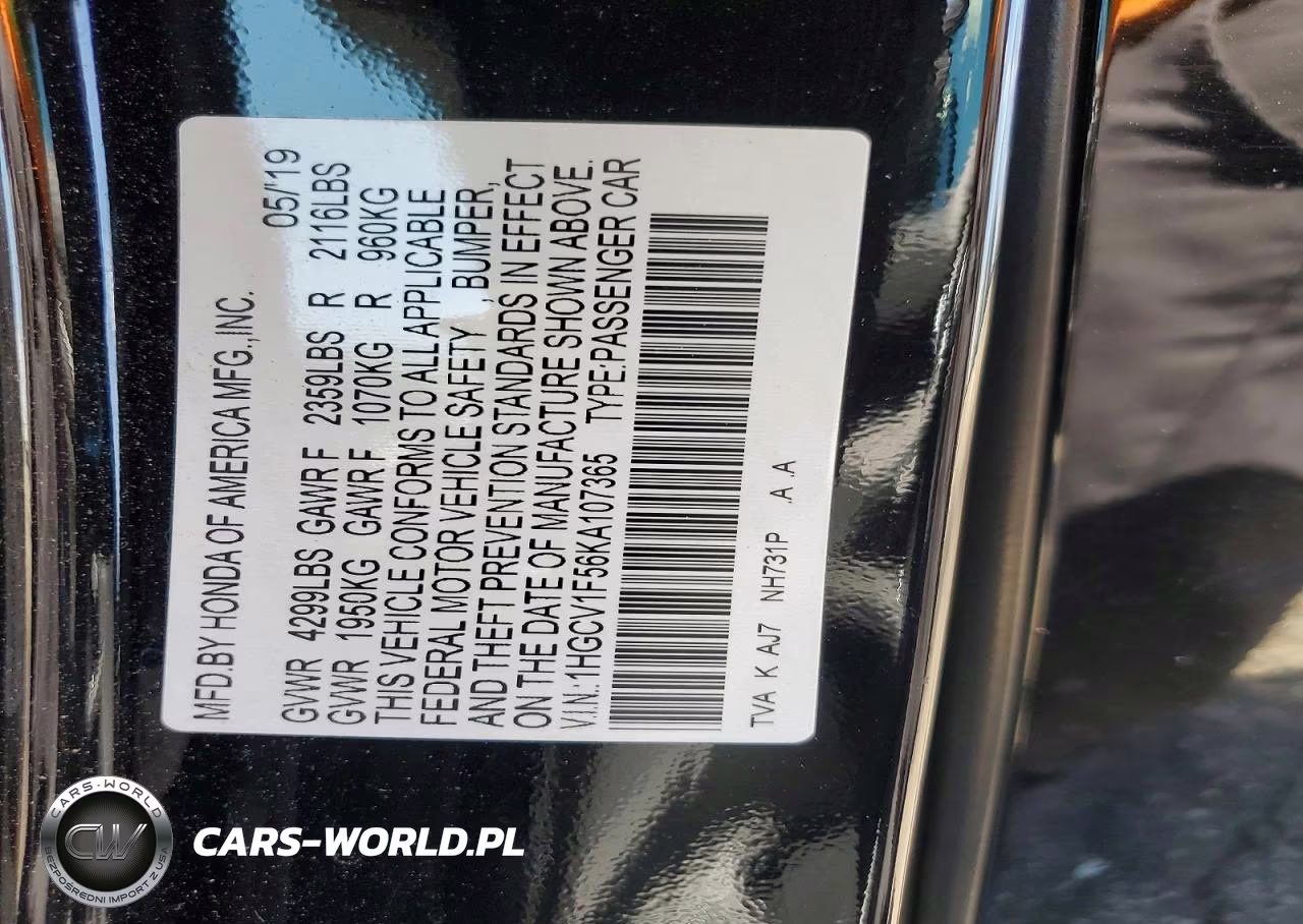 2019 Honda Accord Exl VIN:1HGCV1F56KA107365 - 12
