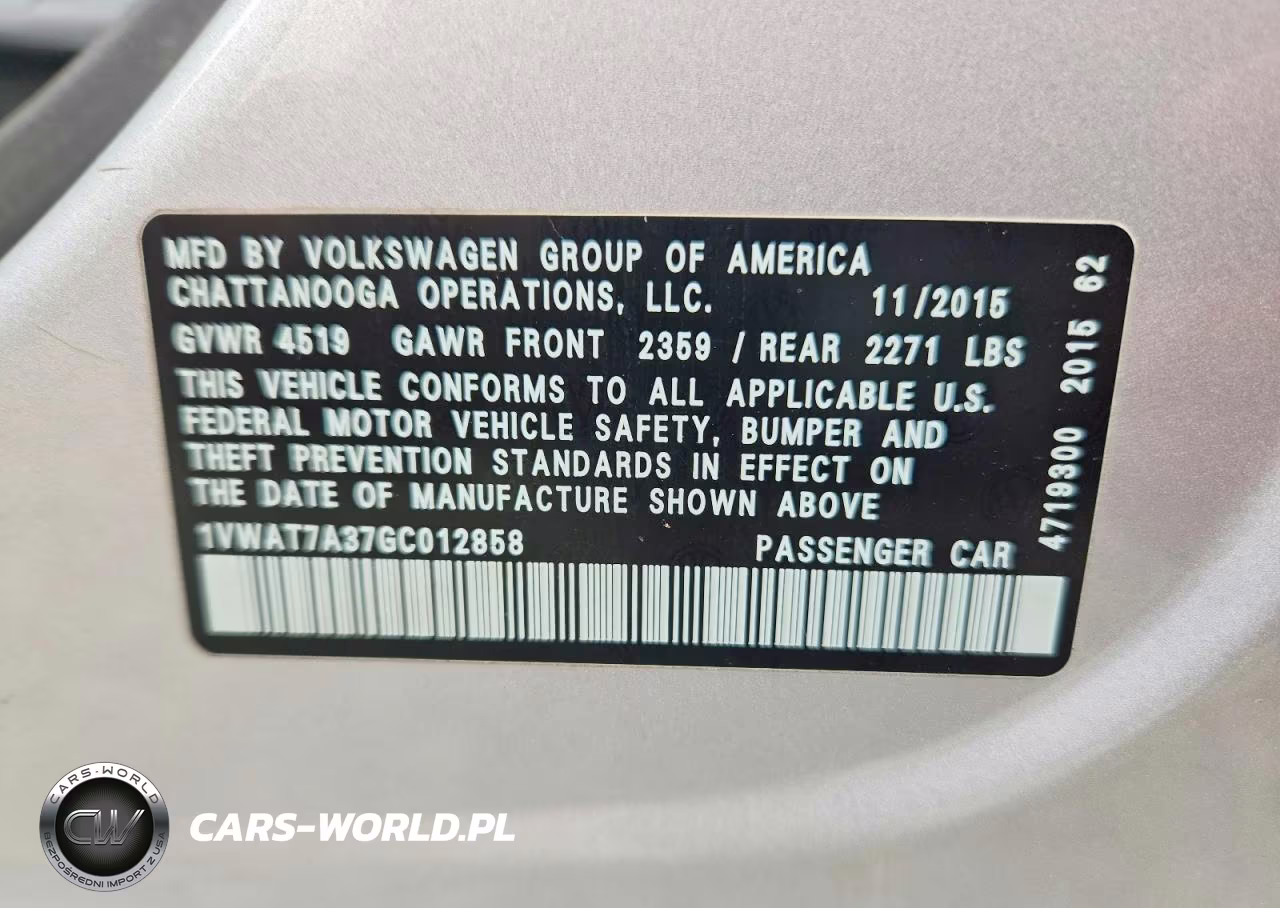 2016 Volkswagen Passat S VIN:1VWAT7A37GC012858 - 13