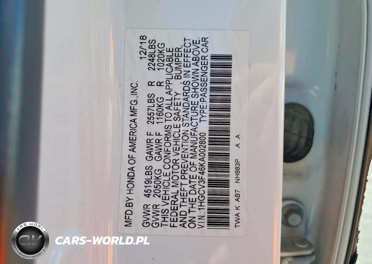 2019 Honda Accord Ex 4D Sedan VIN:1HGCV3F46KA002800 - 12