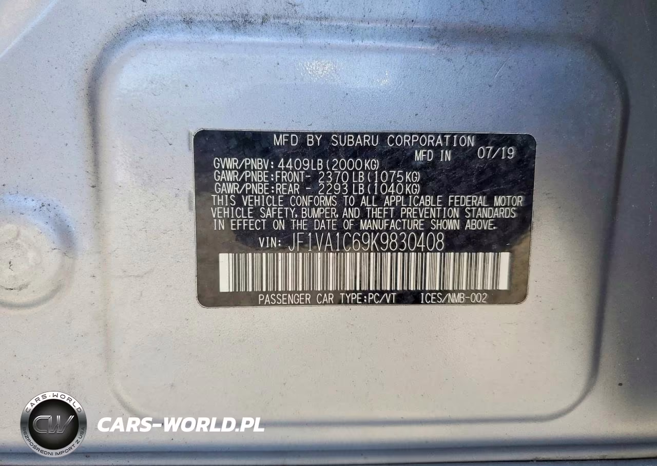 2019 Subaru Wrx Premium VIN:JF1VA1C69K9830408 - 12