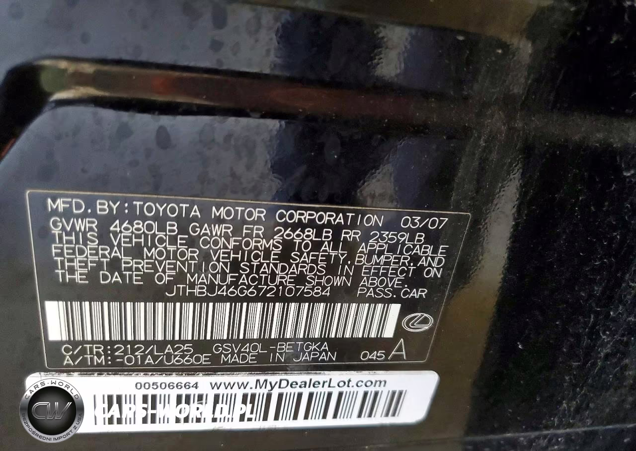 2007 Lexus Es 350 VIN:JTHBJ46G672107584 - 12