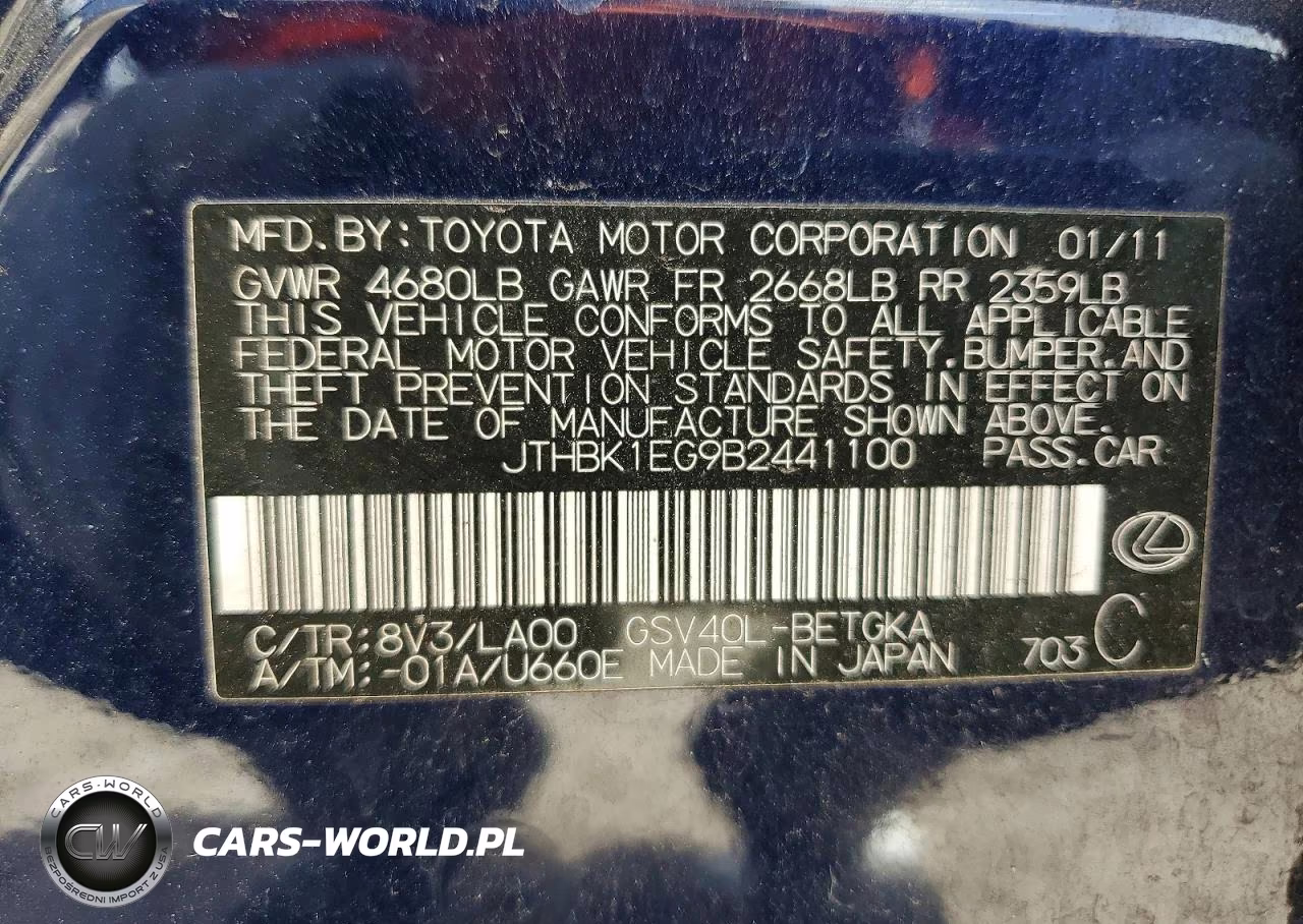 2011 Lexus Es 350 VIN:JTHBK1EG9B2441100 - 13