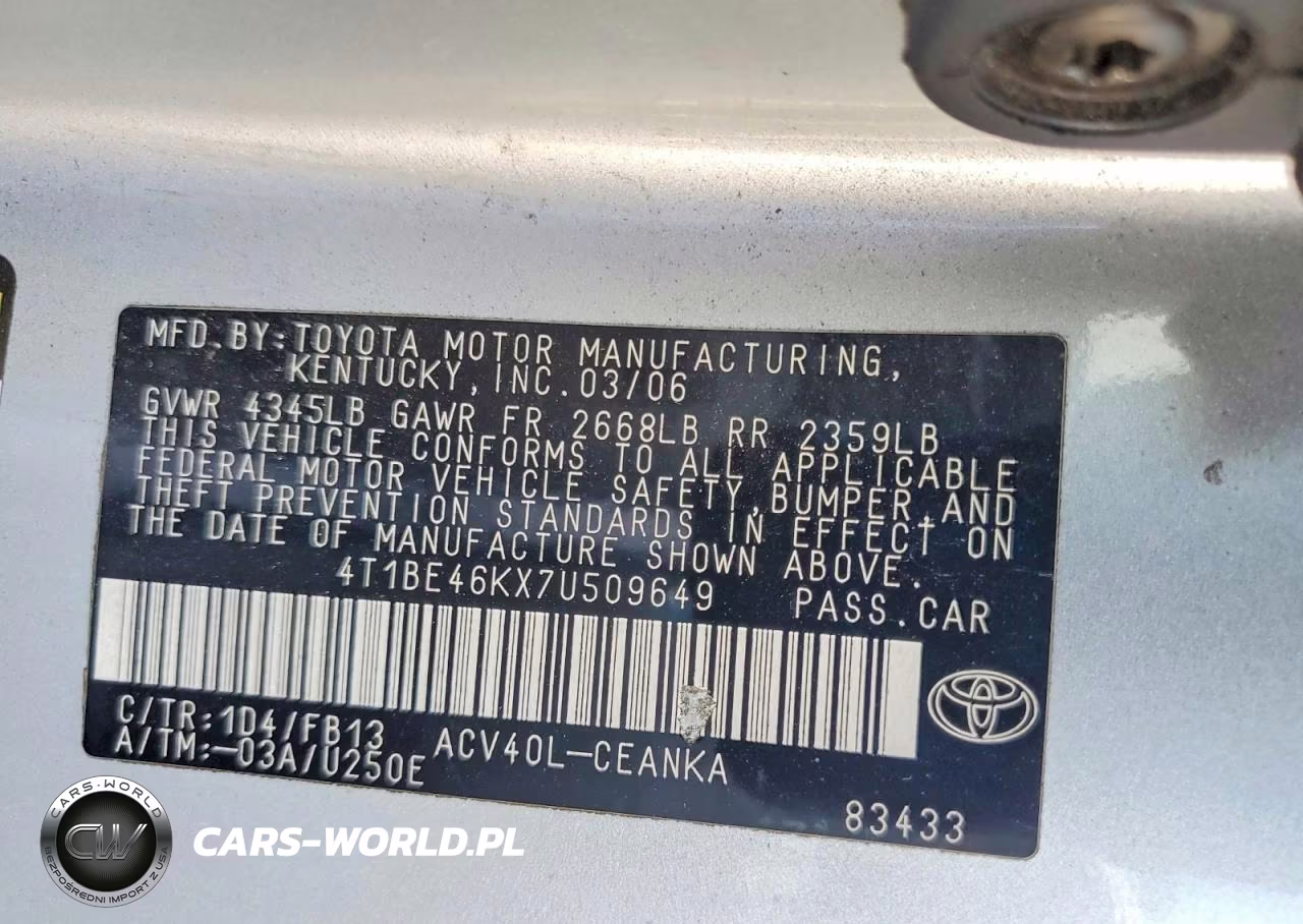 2007 Toyota Camry Le VIN:4T1BE46KX7U509649 - 12