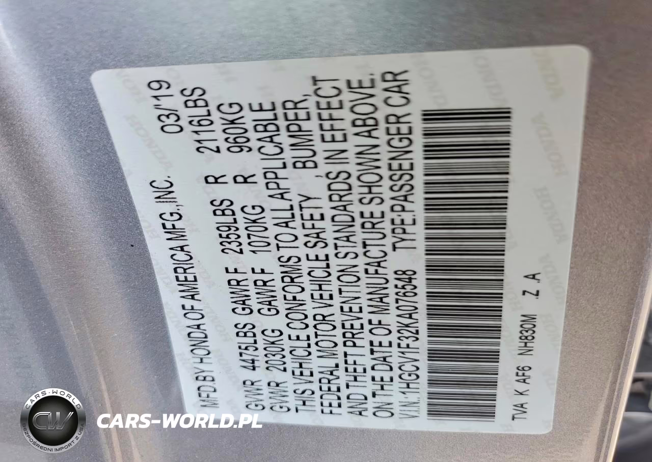 2019 Honda Accord Sport VIN:1HGCV1F32KA076548 - 12