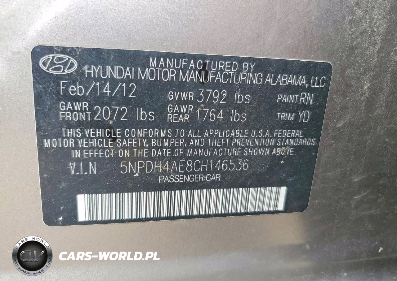 2012 Hyundai Elantra Limited VIN:5NPDH4AE8CH146536 - 12