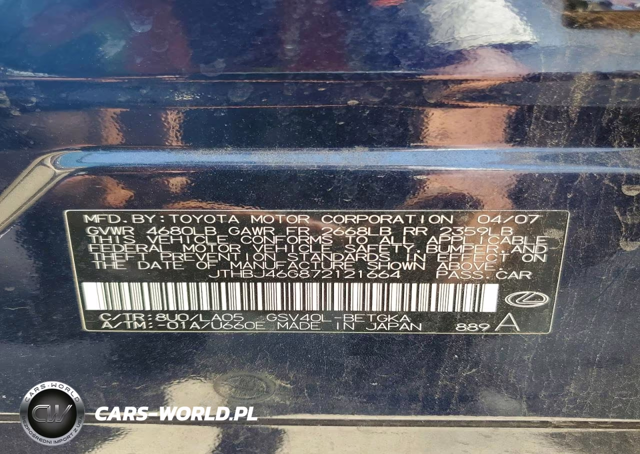 2007 Lexus Es 350 VIN:JTHBJ46G872121664 - 12