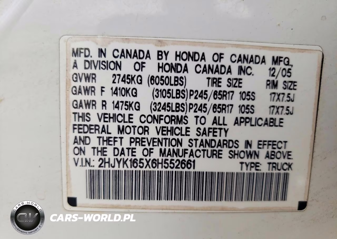 2006 Honda Ridgeline VIN:2HJYK165X6H552661 - 12