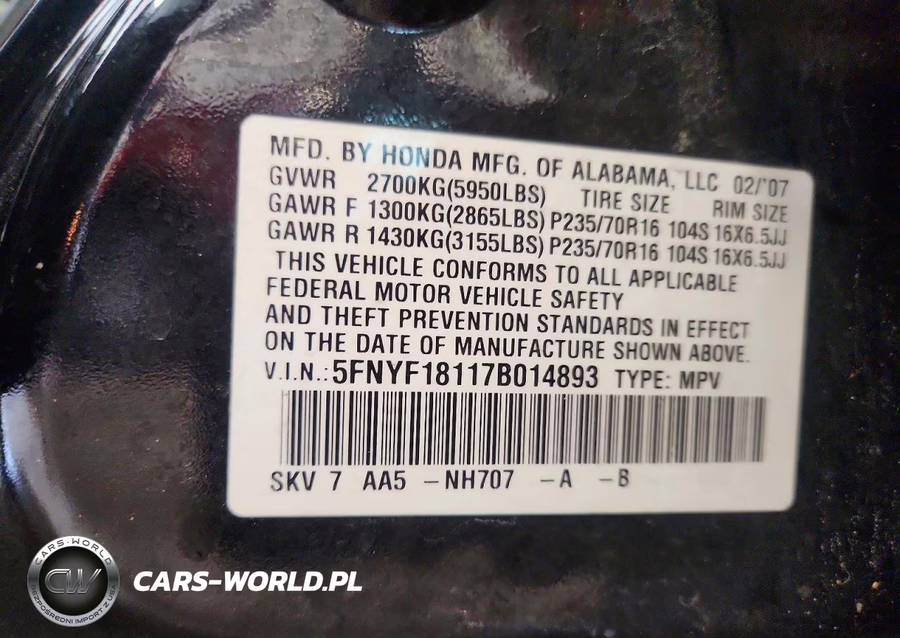 2007 Honda Pilot Lx VIN:5FNYF18117B014893 - 13