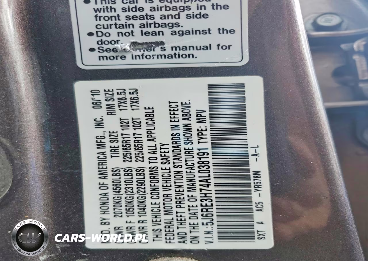 2010 Honda Cr-V Exl VIN:5J6RE3H74AL038191 - 12