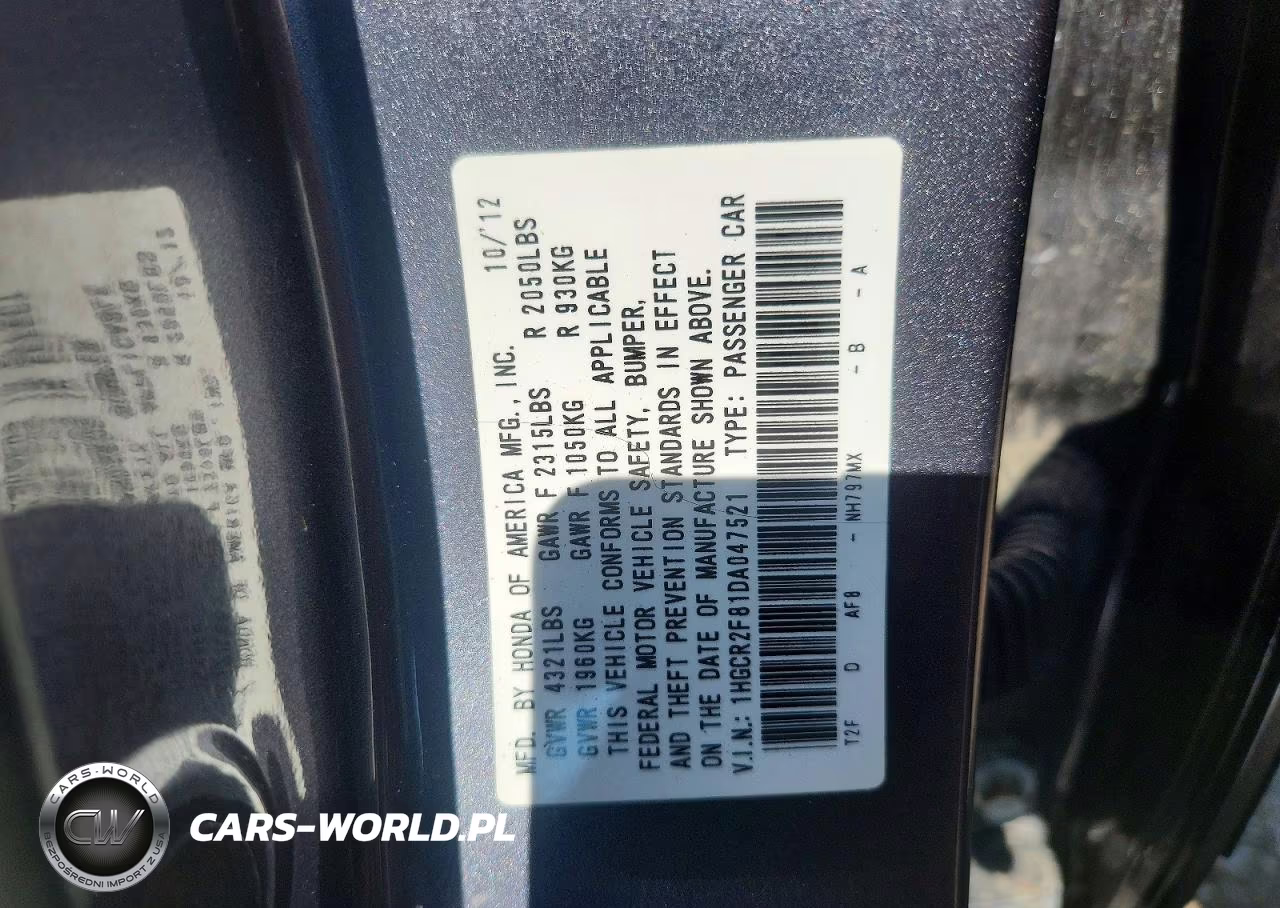 2013 Honda Accord Exl VIN:1HGCR2F81DA047521 - 12