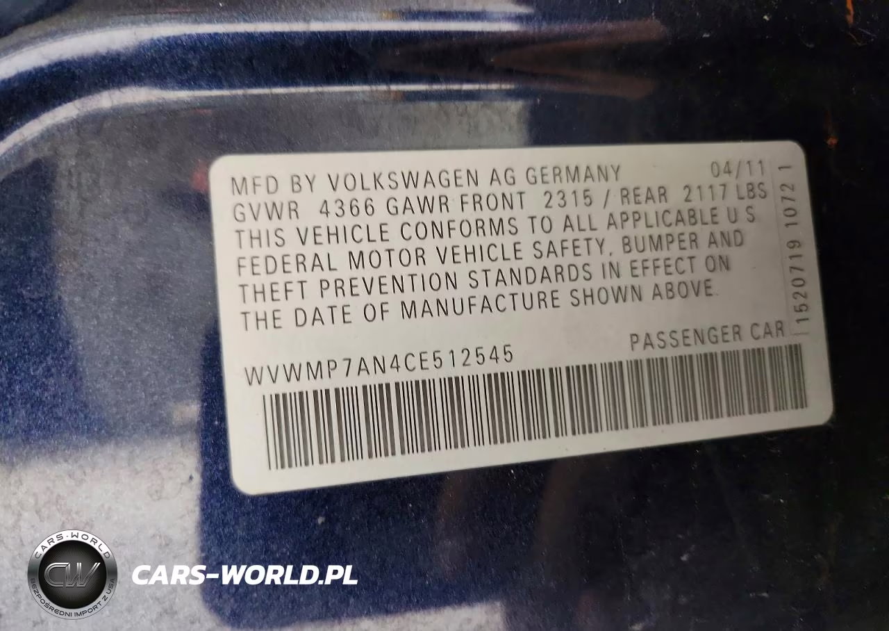2012 Volkswagen Cc Sport VIN:WVWMP7AN4CE512545 - 13