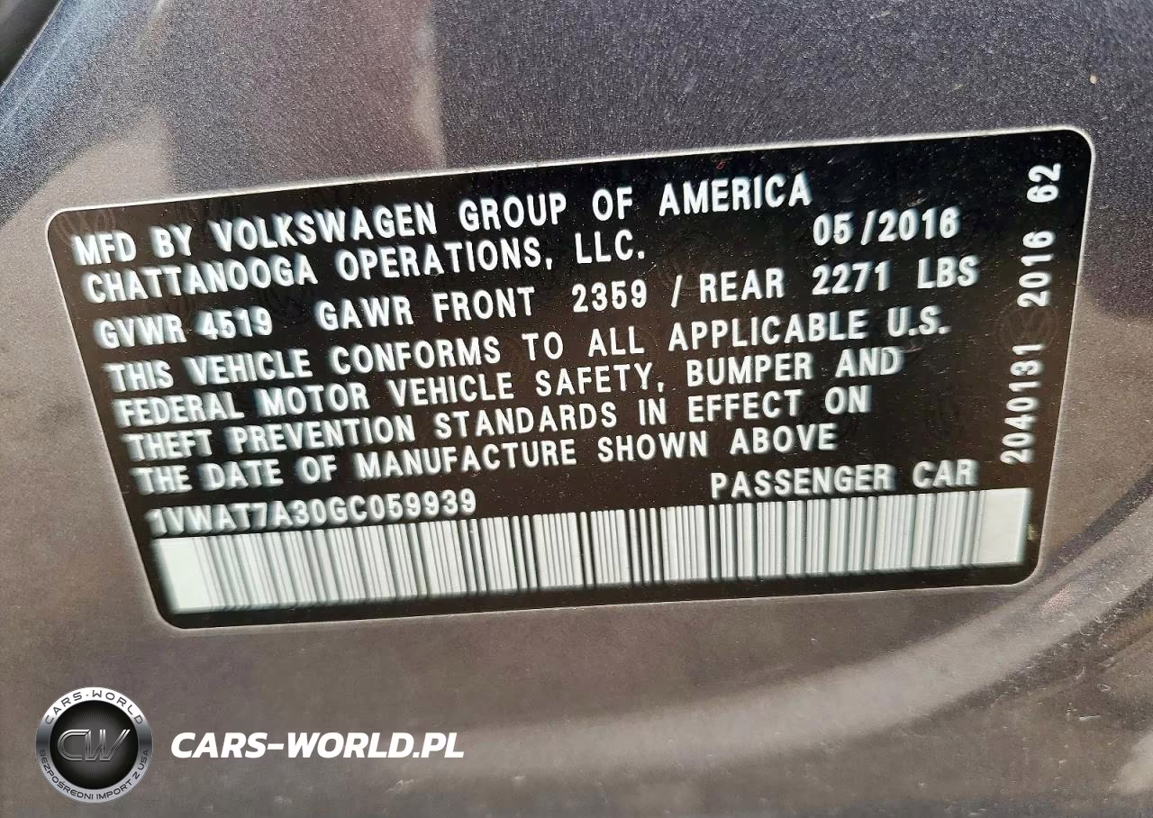 2016 Volkswagen Passat S VIN:1VWAT7A30GC059939 - 12