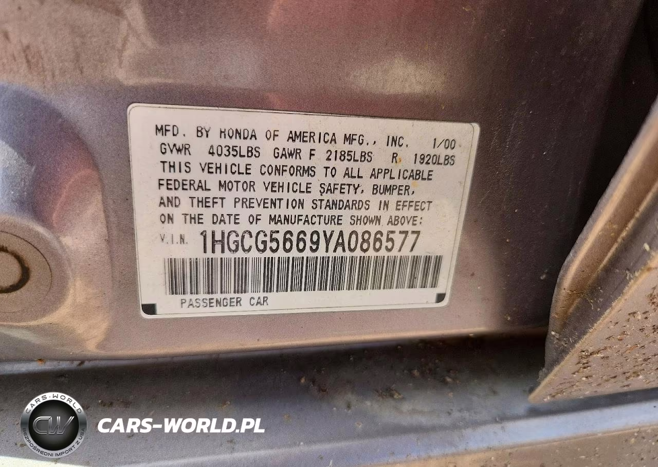 2000 Honda Accord Ex VIN:1HGCG5669YA086577 - 12