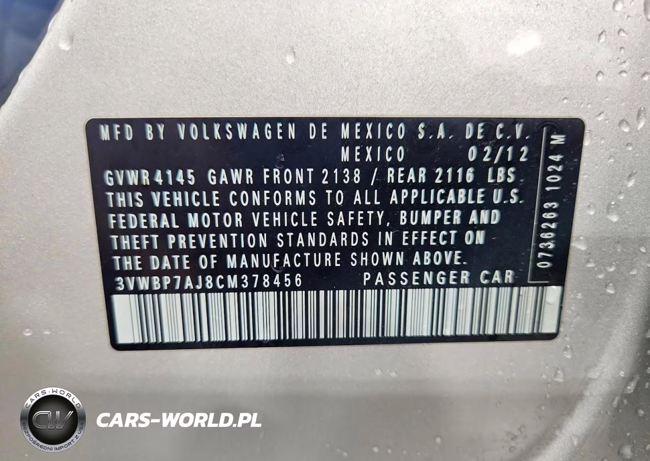 2012 Volkswagen Jetta Se VIN:3VWBP7AJ8CM378456 - 12