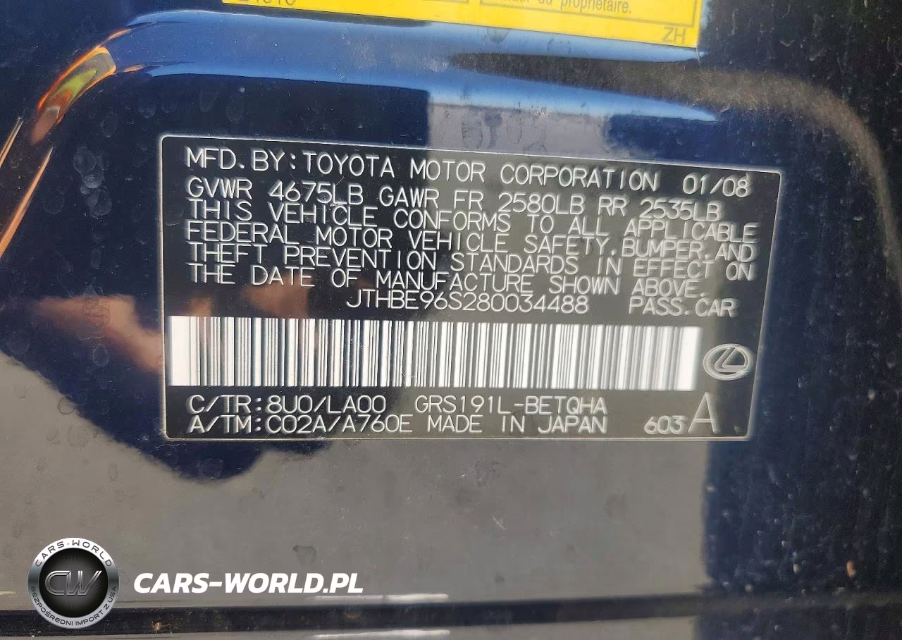 2008 Lexus Gs 350 VIN:JTHBE96S280034488 - 12