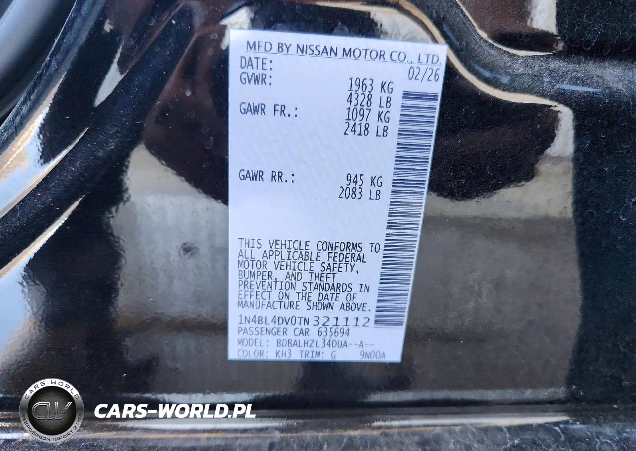 2026 Nissan Altima Sv VIN:1N4BL4DV0TN321112 - 12
