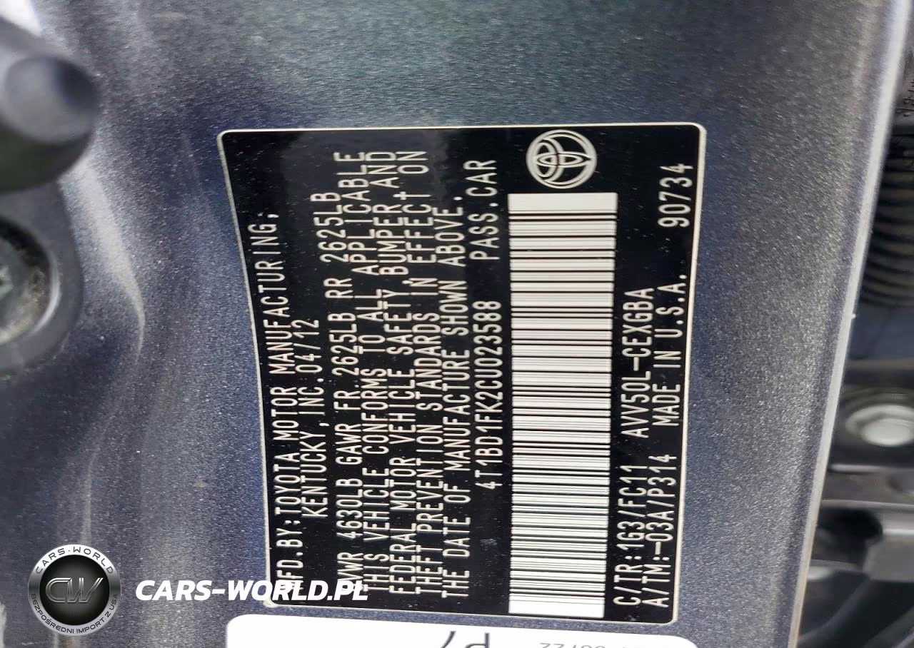 2012 Toyota Camry Hybrid Xle VIN:4T1BD1FK2CU023588 - 12