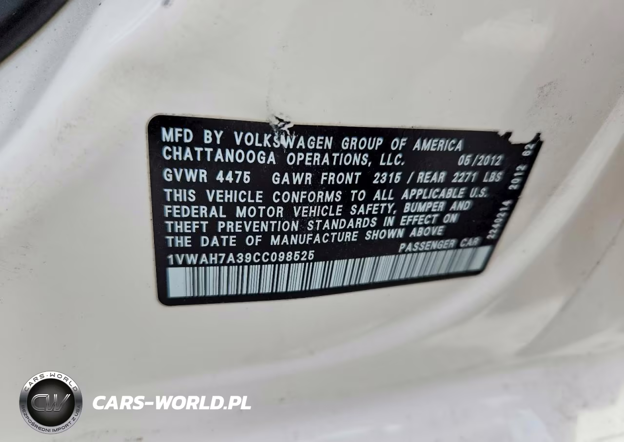 2012 Volkswagen Passat S VIN:1VWAH7A39CC098525 - 12