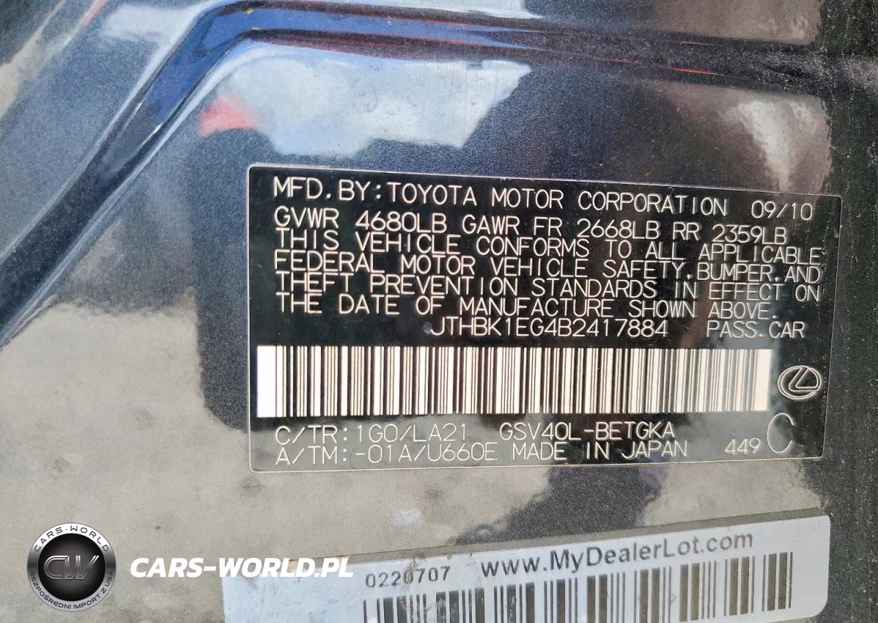 2011 Lexus Es 350 VIN:JTHBK1EG4B2417884 - 13