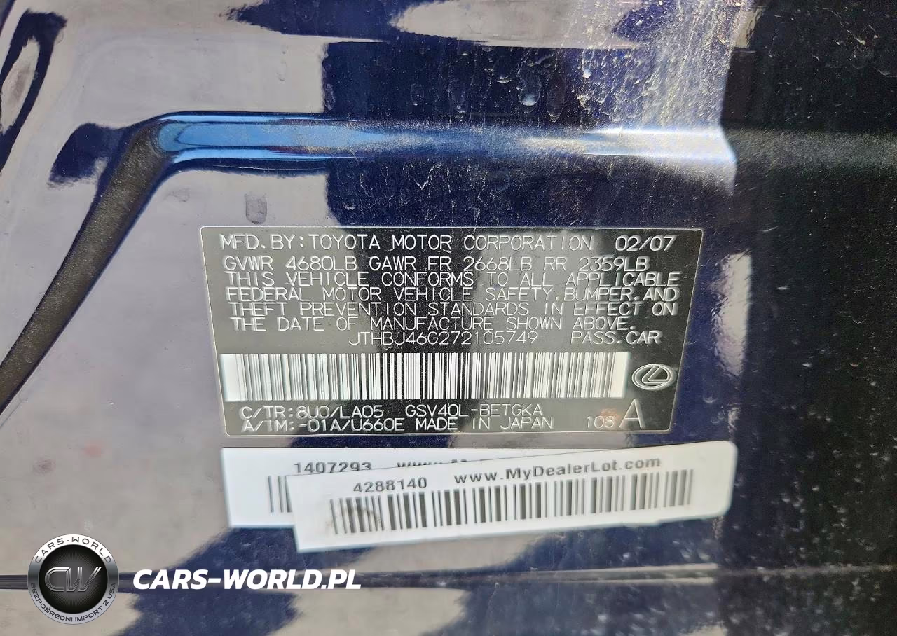 2007 Lexus Es 350 VIN:JTHBJ46G272105749 - 12