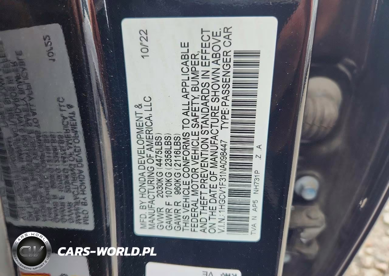 2022 Honda Accord Sport VIN:1HGCV1F31NA098447 - 12