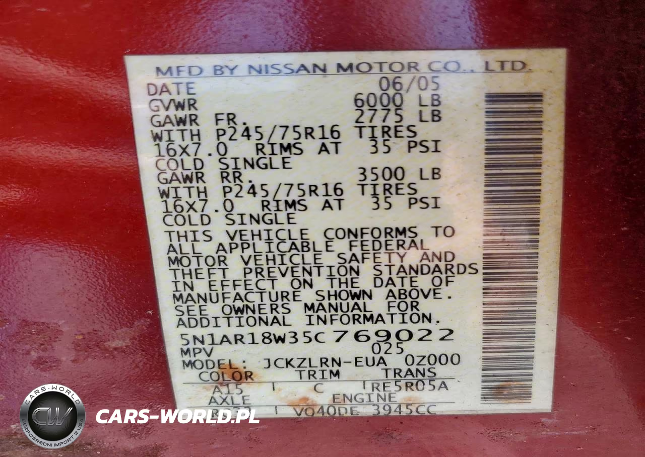 2005 Nissan Pathfinder Xe VIN:5N1AR18W35C769022 - 13