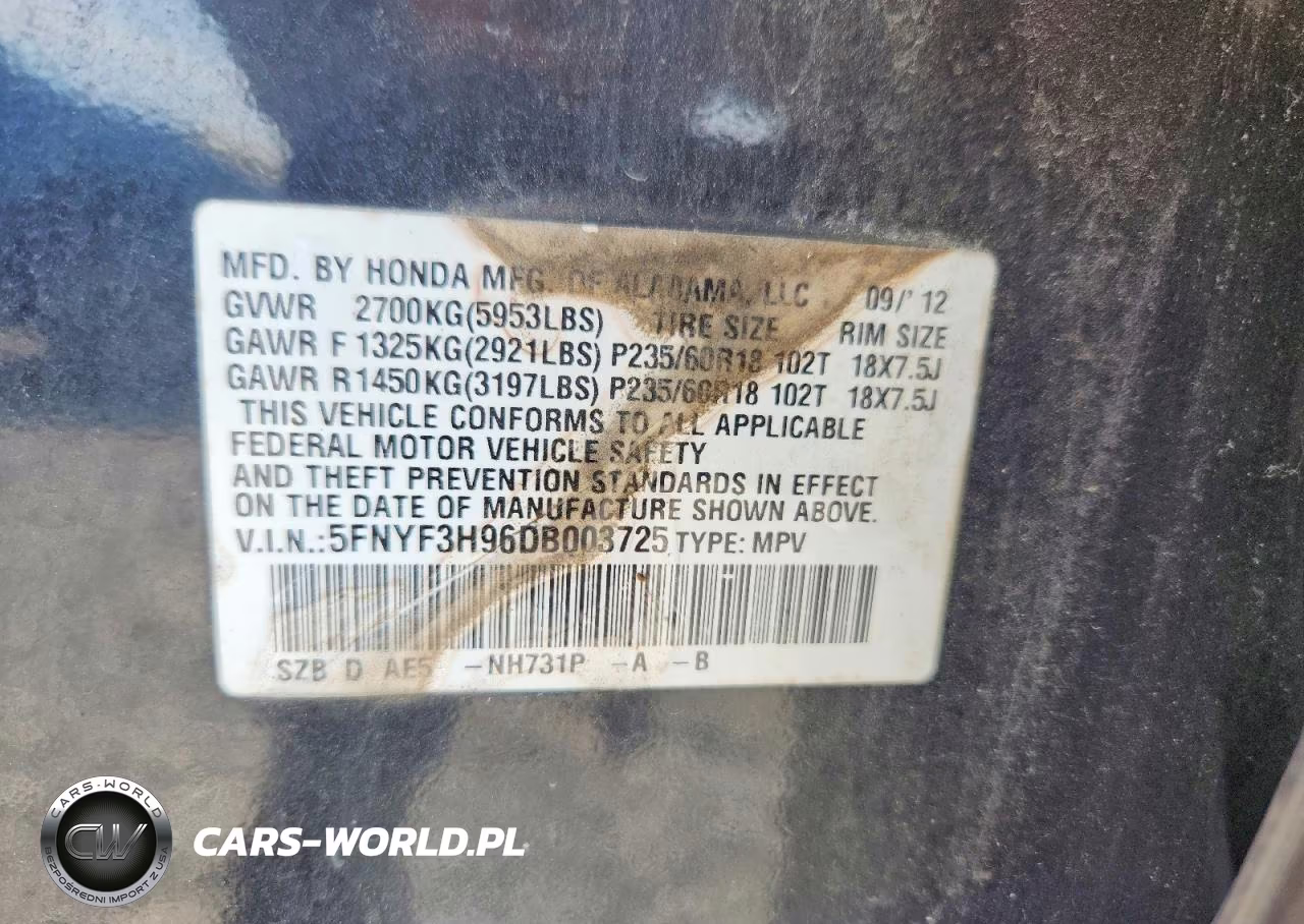 2013 Honda Pilot Touring VIN:5FNYF3H96DB003725 - 12