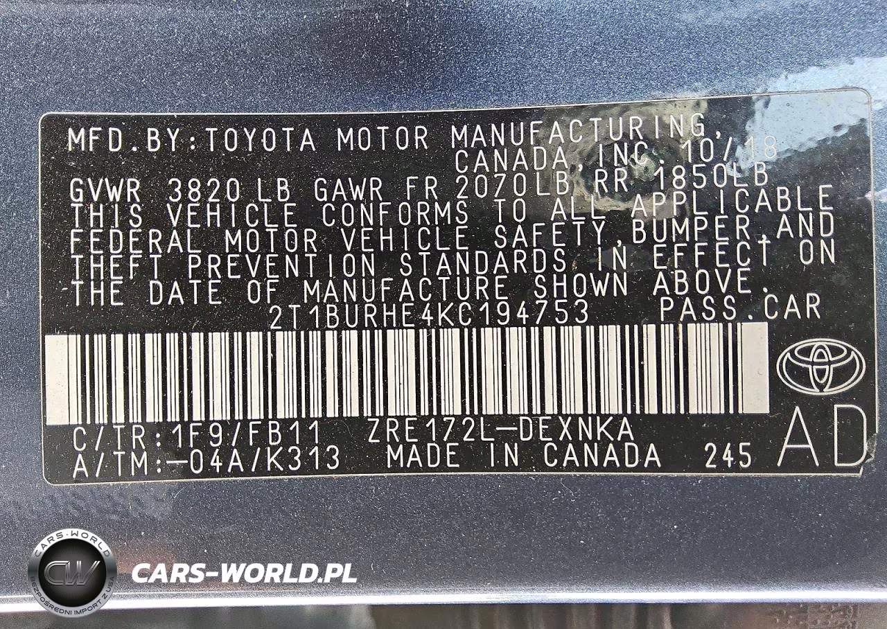 2019 Toyota Corolla Le VIN:2T1BURHE4KC194753 - 12
