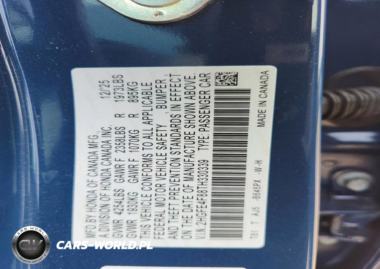 2026 Honda Civic Sport VIN:2HGFE4F88TH330339 - 12