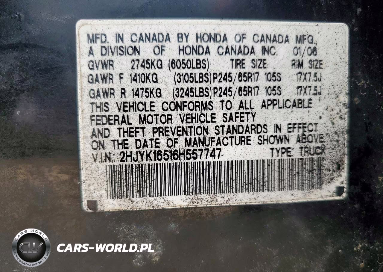2006 Honda Ridgeline Rtl VIN:2HJYK16516H557747 - 12