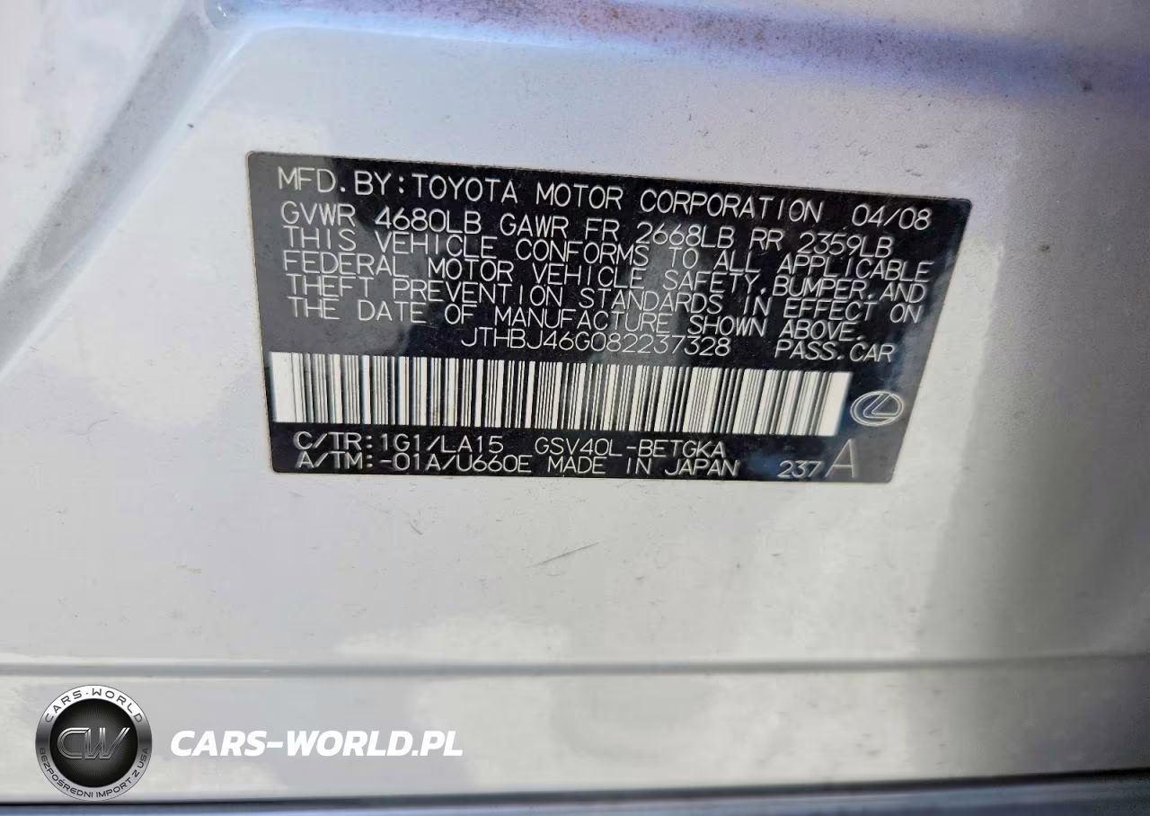 2008 Lexus Es 350 VIN:JTHBJ46G082237328 - 12