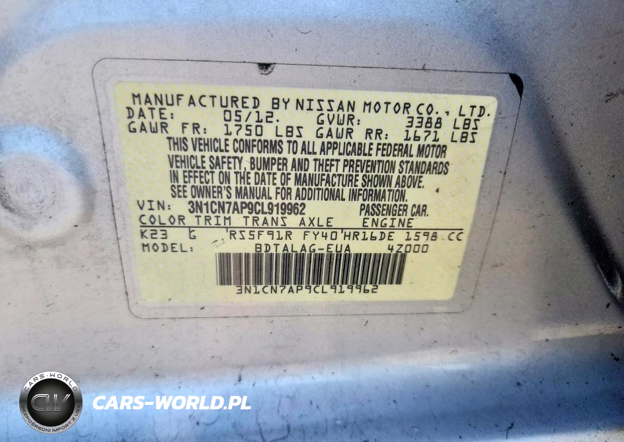 2012 Nissan Versa 1.6 S VIN:3N1CN7AP9CL919962 - 12