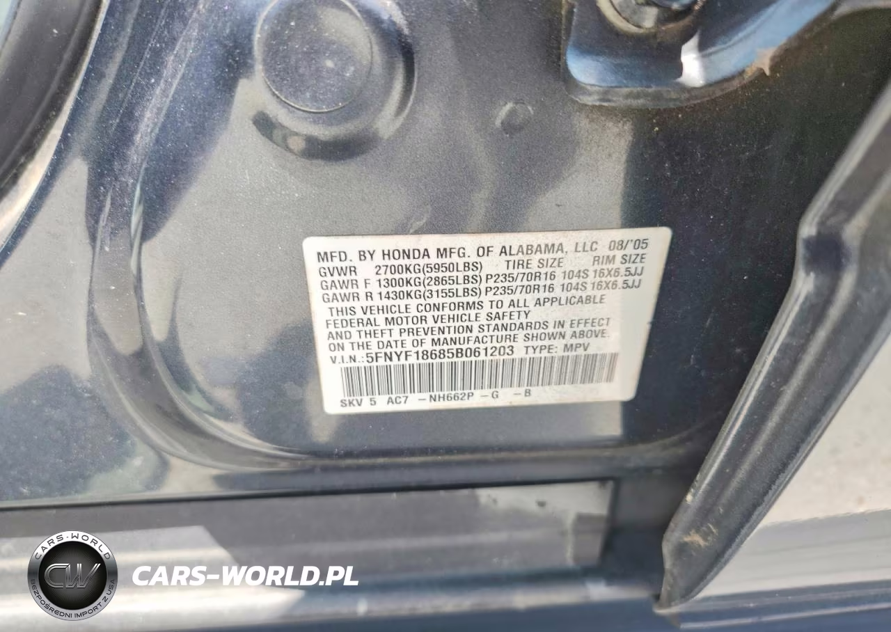 2005 Honda Pilot Exl VIN:5FNYF18685B061203 - 12