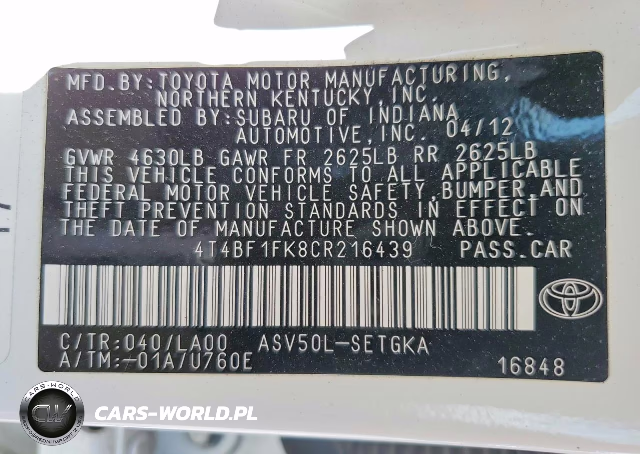 2012 Toyota Camry Xle VIN:4T4BF1FK8CR216439 - 12