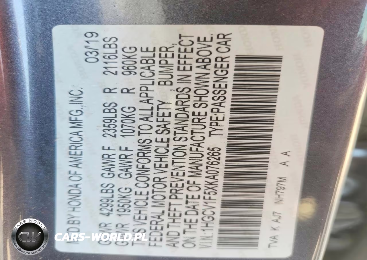 2019 Honda Accord Exl VIN:1HGCV1F5XKA076265 - 12