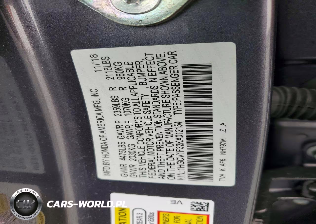 2019 Honda Accord Sport VIN:1HGCV1F32KA012154 - 12